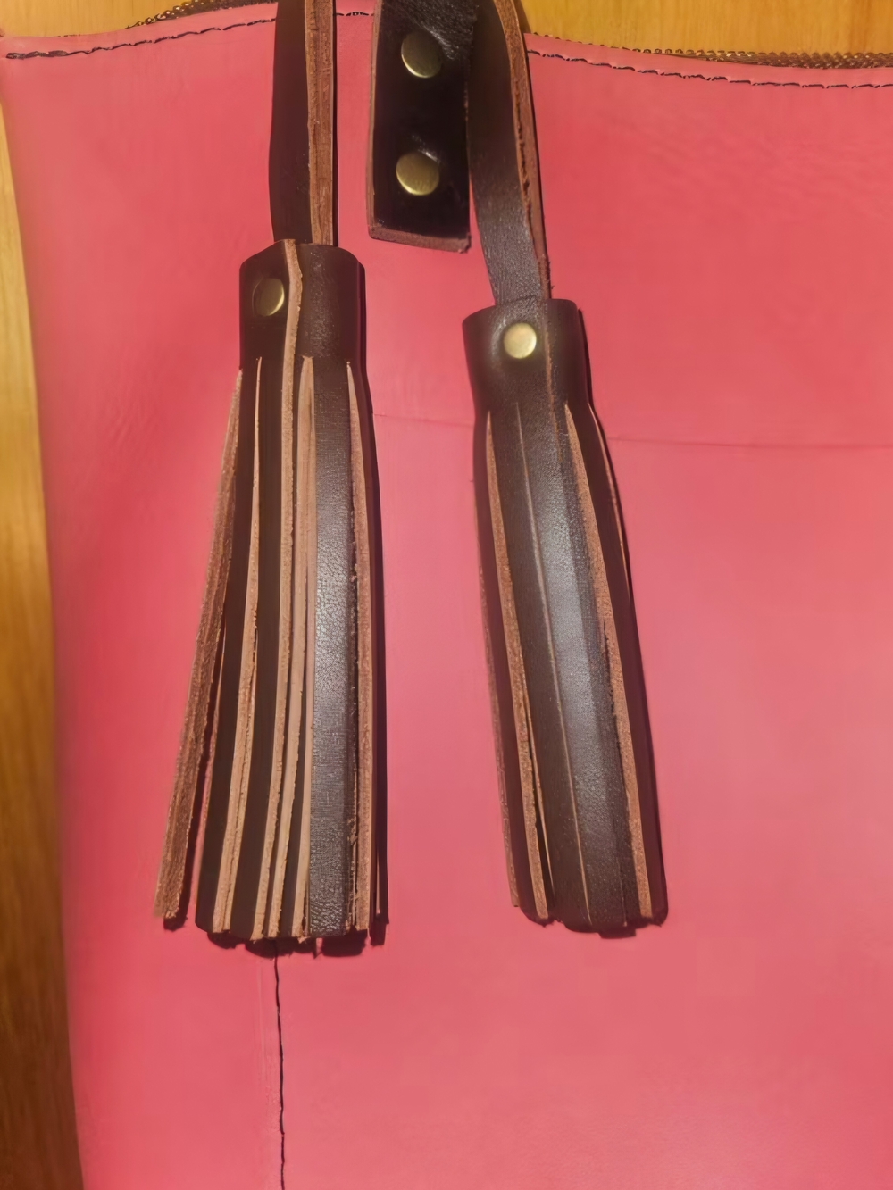 Leather Tassel Keychain Accessory in Dark Brown and Pink